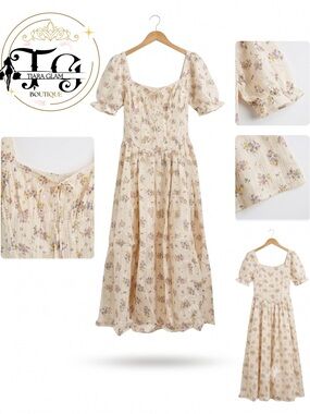 Cream Floral Puff-Sleeve Maxi Dress